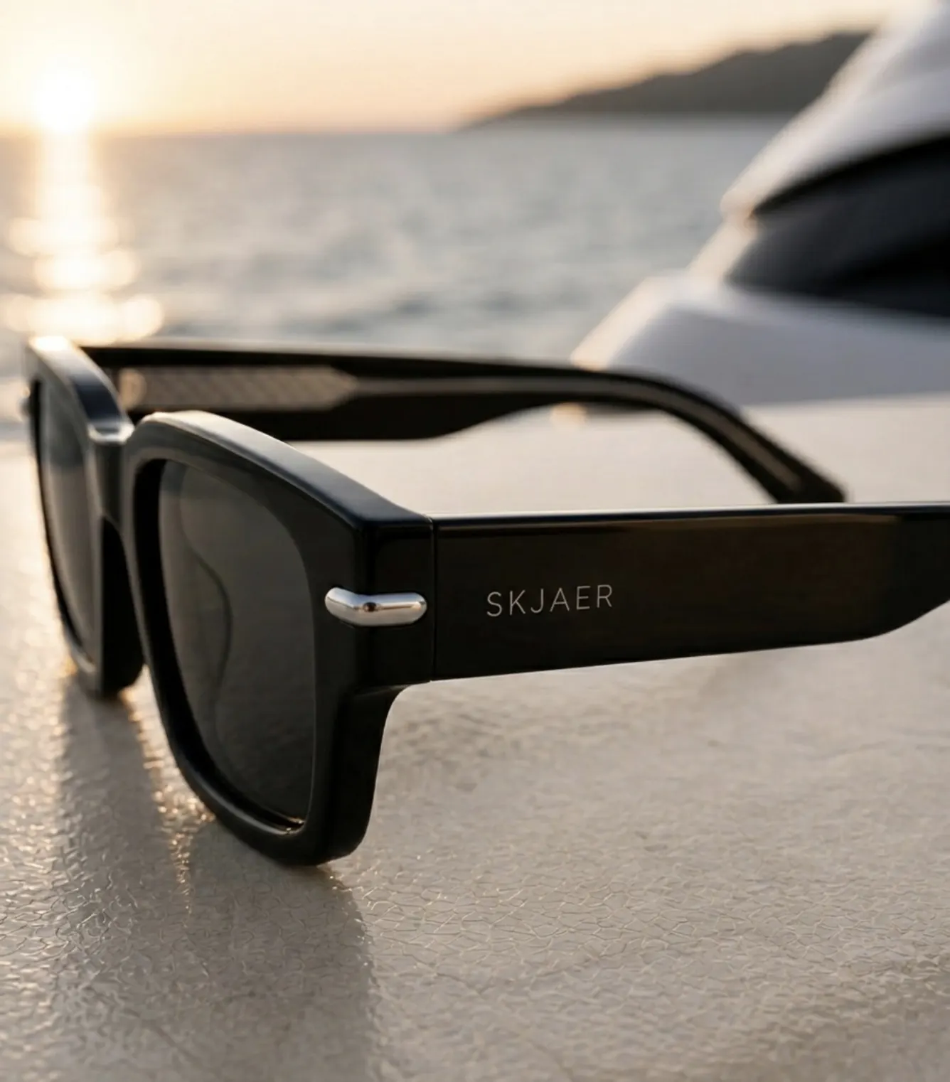 Close-up of barrel hinge on Skjaer sunglasses